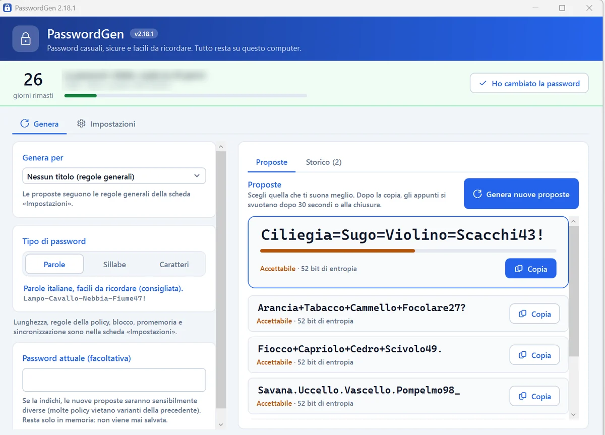 La finestra di PasswordGen per Windows: tre proposte di password, con la robustezza e il pulsante Copia, e il conto dei giorni alla scadenza della password attuale.